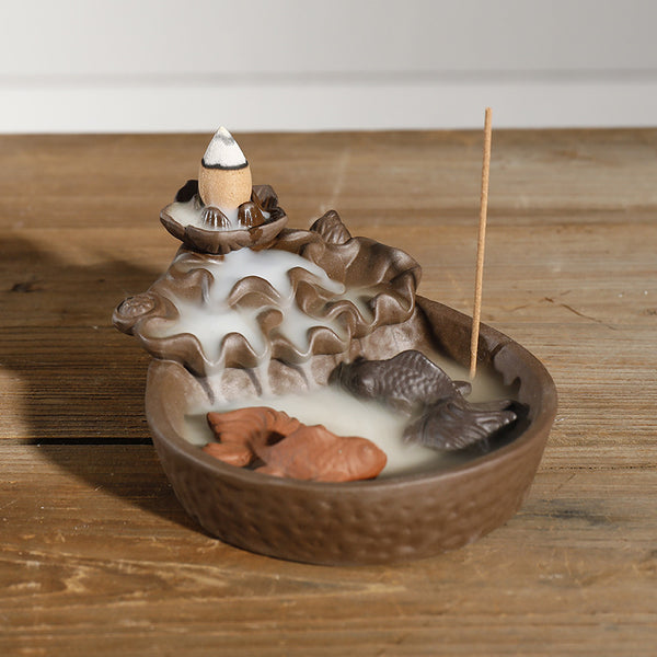 Lotus and Fish Backflow Incense Burner for Meditation, Zen Decor, and Spiritual Cleansing