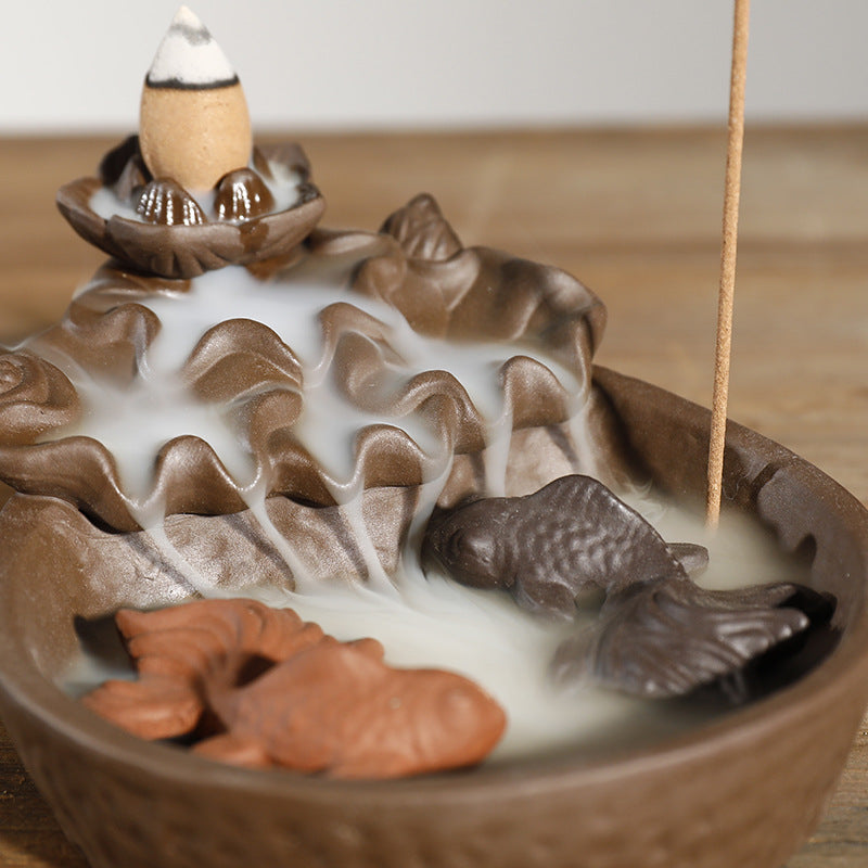 Lotus and Fish Backflow Incense Burner for Meditation, Zen Decor, and Spiritual Cleansing