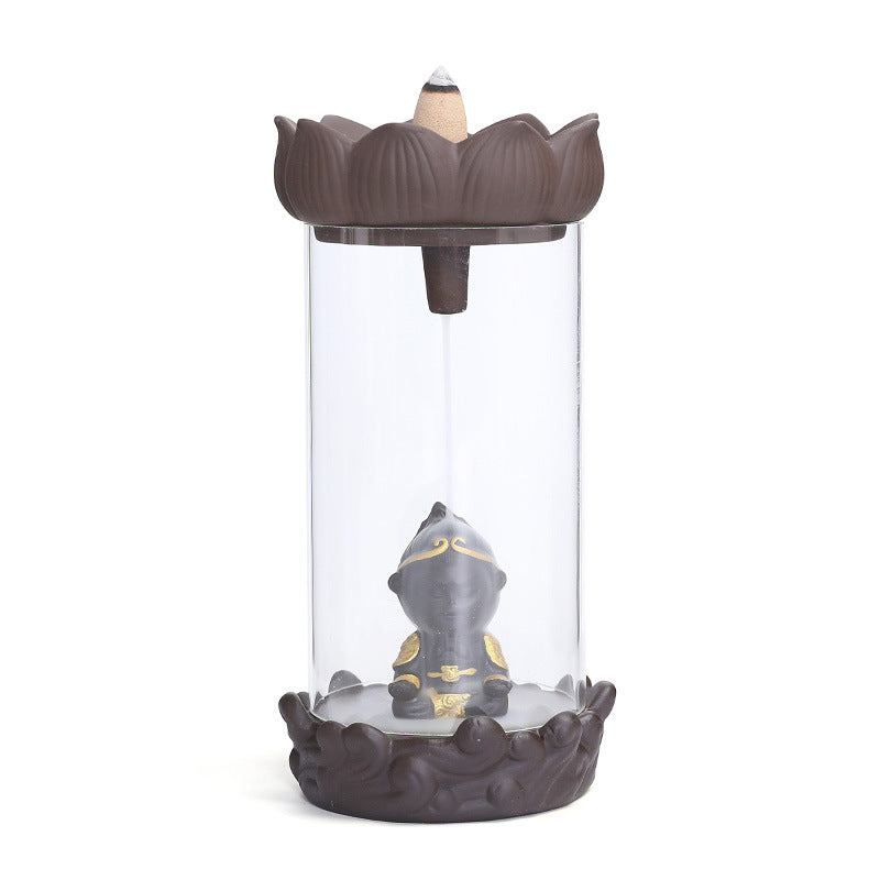 Monk in Glass Cylinder Backflow Incense Burner with Lotus Design – Tranquil Aromatherapy and Meditation Decor