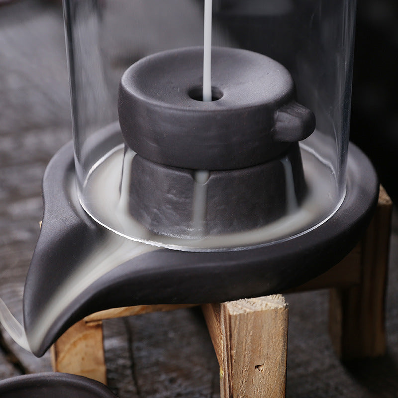 Elegant Waterfall Backflow Incense Burner with Glass Dome and Wooden Stand - Perfect for Meditation and Relaxation