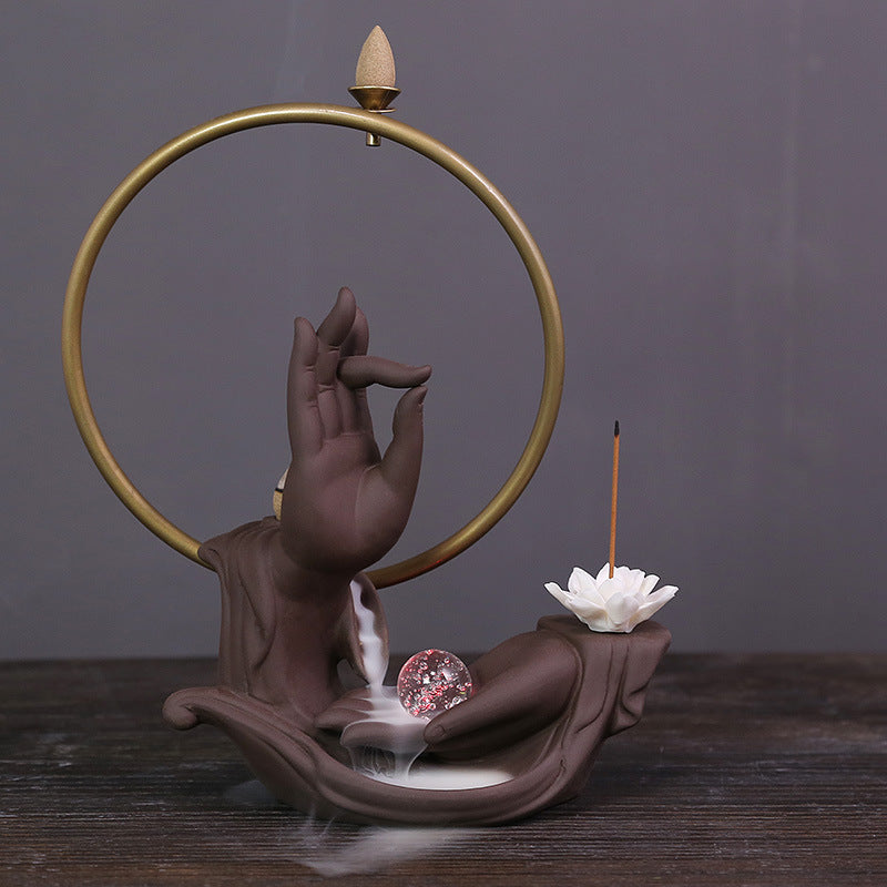 Enlightened Serenity LED Incense Burner – Hand Gesture with Meditative Monk and Crystal Sphere Decor