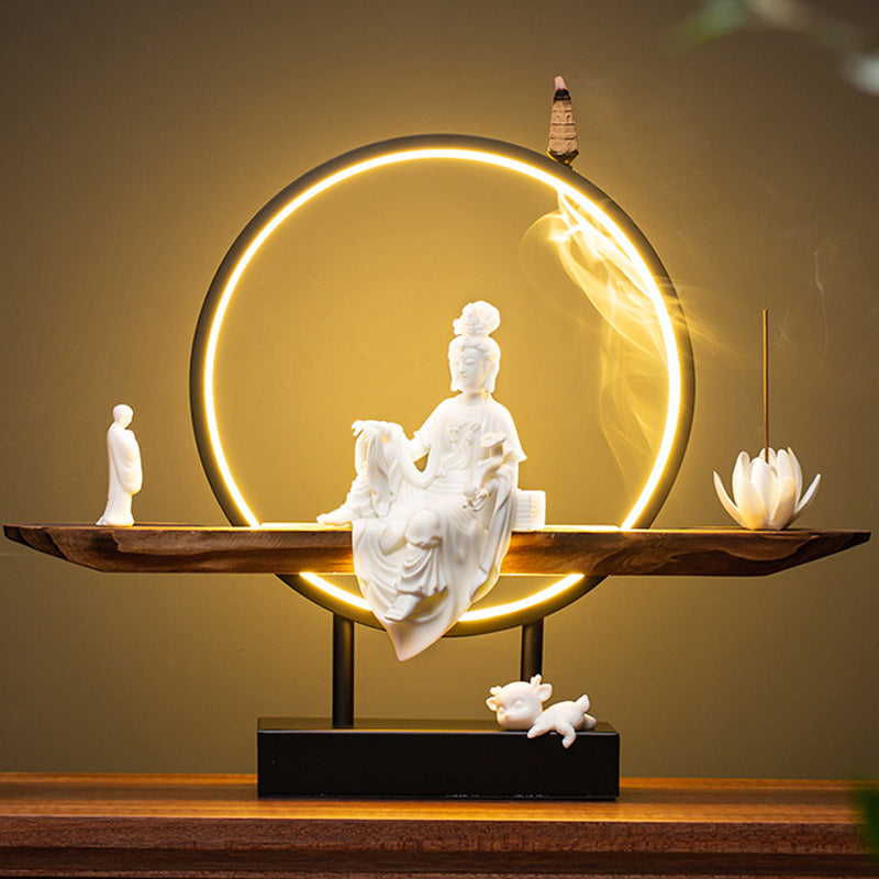 LED Lotus Incense Burner with White Porcelain Goddess Statue for Tranquil Meditation and Home Decor