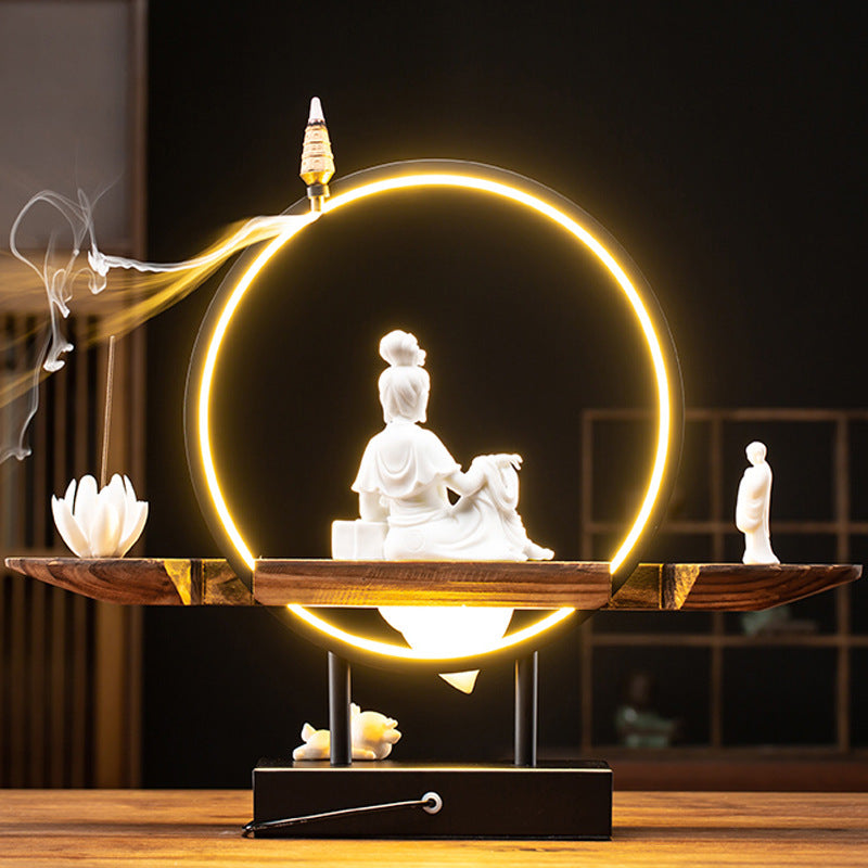 LED Lotus Incense Burner with White Porcelain Goddess Statue for Tranquil Meditation and Home Decor