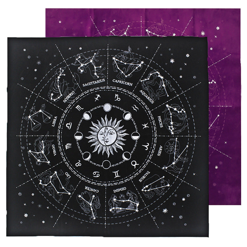 Astrological Zodiac Velvet Altar Cloth for Tarot Reading and Crystal Grid Rituals – Available in Black and Purple