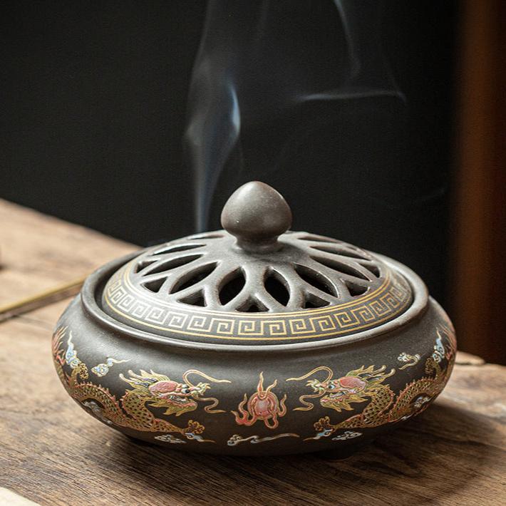 Handcrafted Lotus Flower Ceramic Incense Burner with Intricate Floral Design for Meditation and Aromatherapy