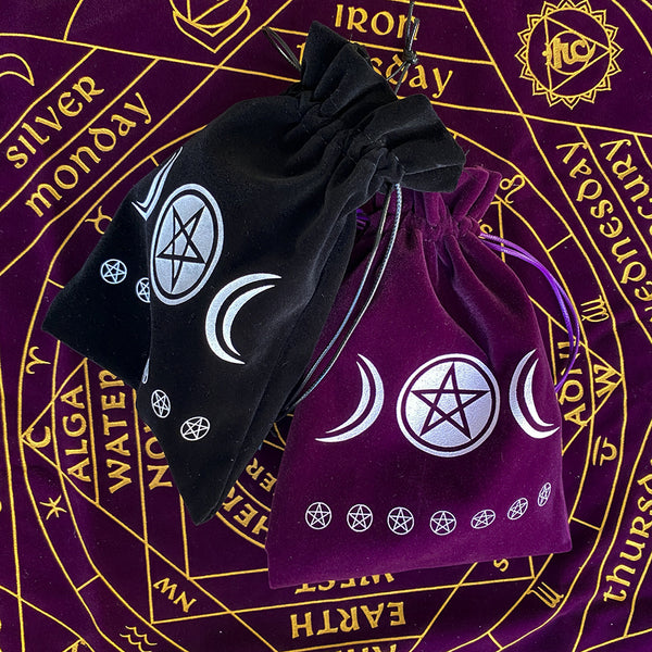 Triple Moon Pentacle Velvet Tarot Card and Crystal Storage Bag – Spiritual Pouch for Tarot Decks, Runes, and Sacred Items