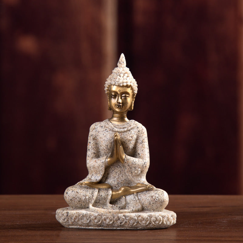 Handcrafted Sandstone and Golden Buddha Statue for Meditation Altar Decor