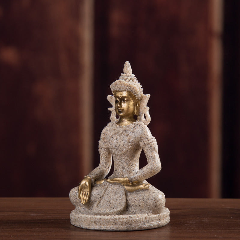 Handcrafted Sandstone and Golden Buddha Statue for Meditation Altar Decor