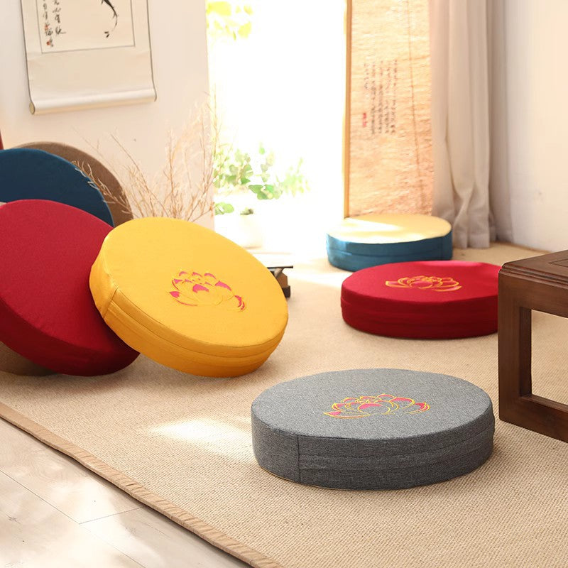 Lotus Serenity Round Meditation Cushion – Embroidered Comfort for Mindfulness and Yoga