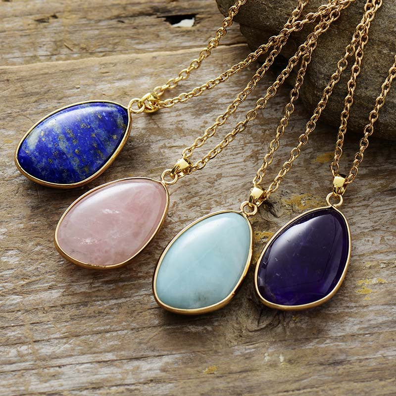 Handcrafted Teardrop Gemstone Necklace for Spiritual Healing - Amethyst, Amazonite, Lapis Lazuli, and Rose Quartz