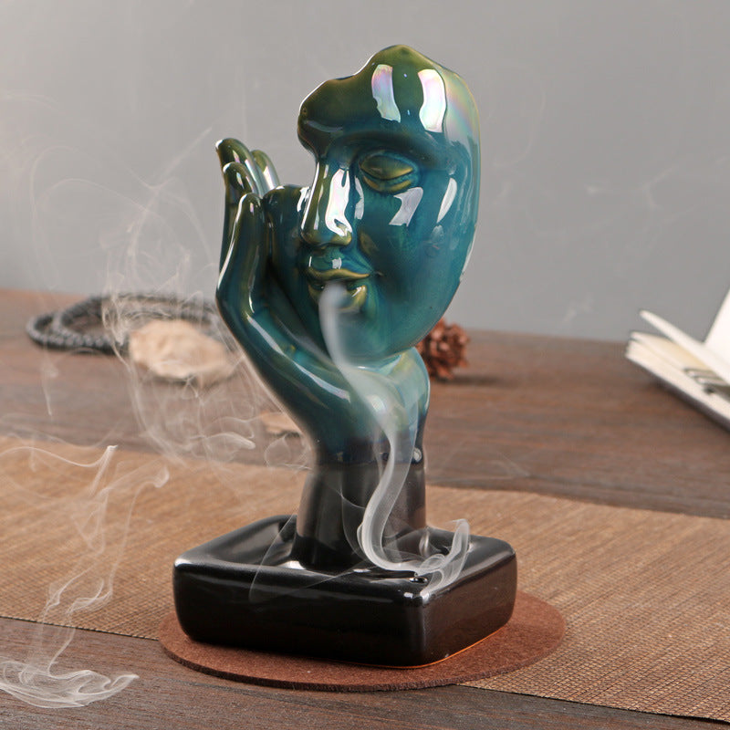 Teal and Black Backflow Incense Burner with Hand and Face Design – Spiritual Aromatherapy and Meditation Deco