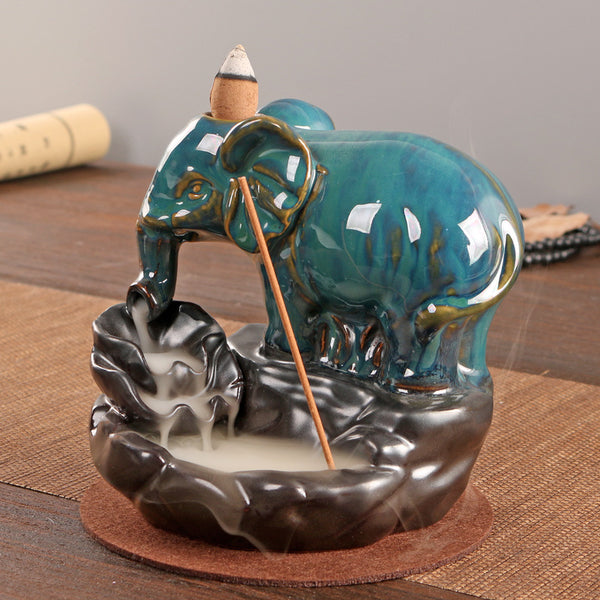 Tranquil Elephant Backflow Incense Burner – Ceramic Waterfall Incense Holder for Meditation and Relaxation