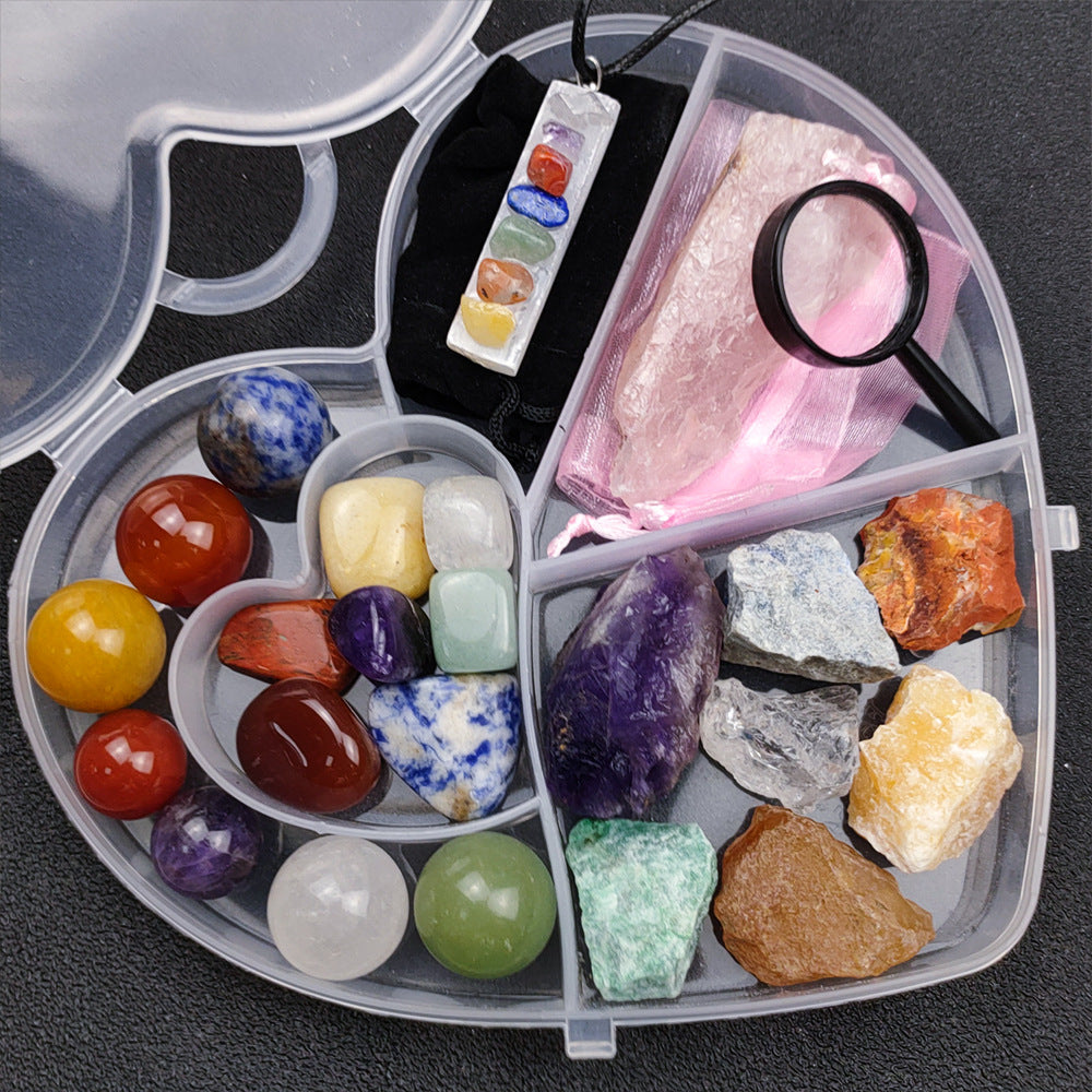 Heart-Shaped Crystal Collection Kit for Healing and Meditation – Assorted Raw and Tumbled Gemstones, Chakra Stones, and Quartz Pendant in a Heart-Shaped Storage Case