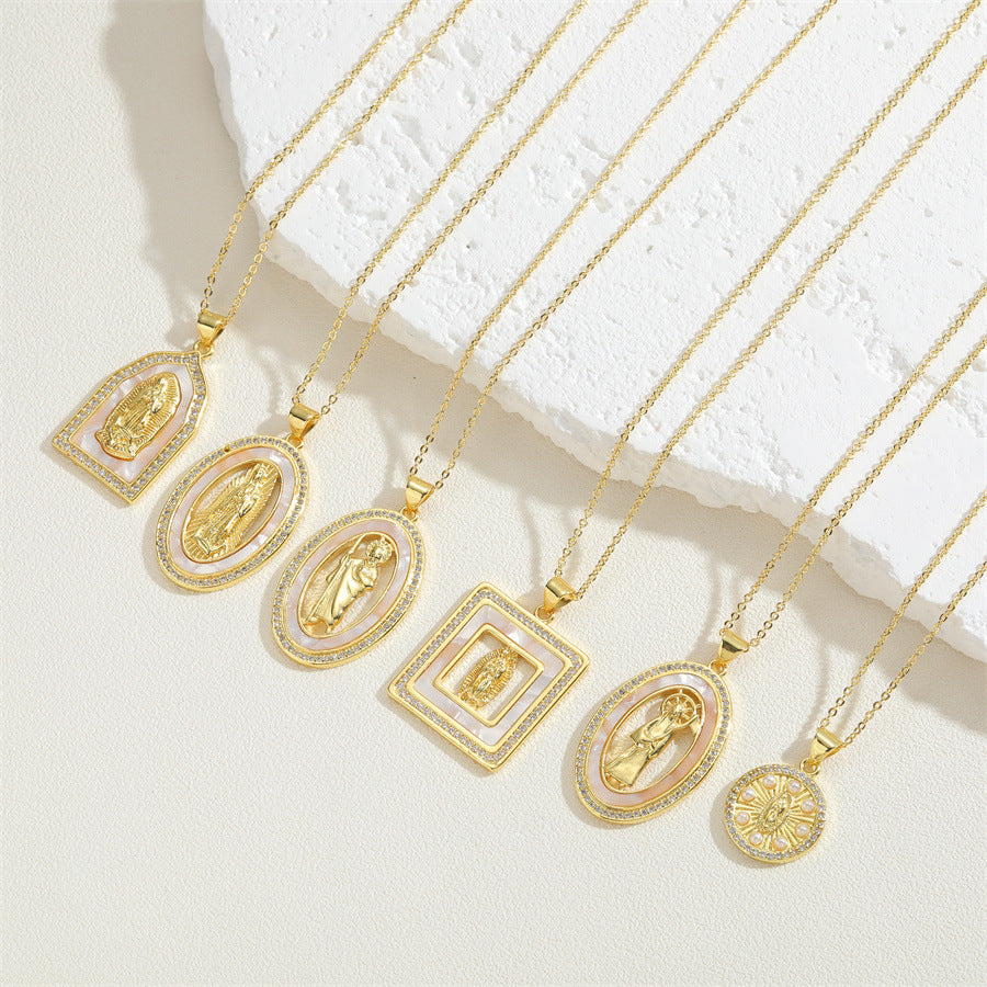 Gold-Plated Religious Pendant Necklace Set with Virgin Mary and Saint Medallions for Spiritual Devotion