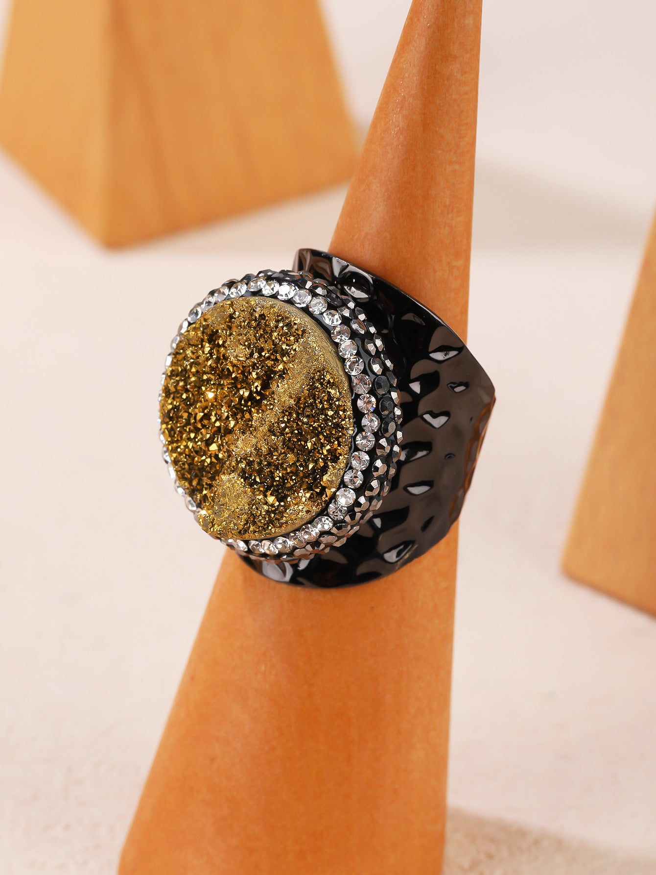 Golden Sparkle Druzy Crystal Statement Ring with Black Finish