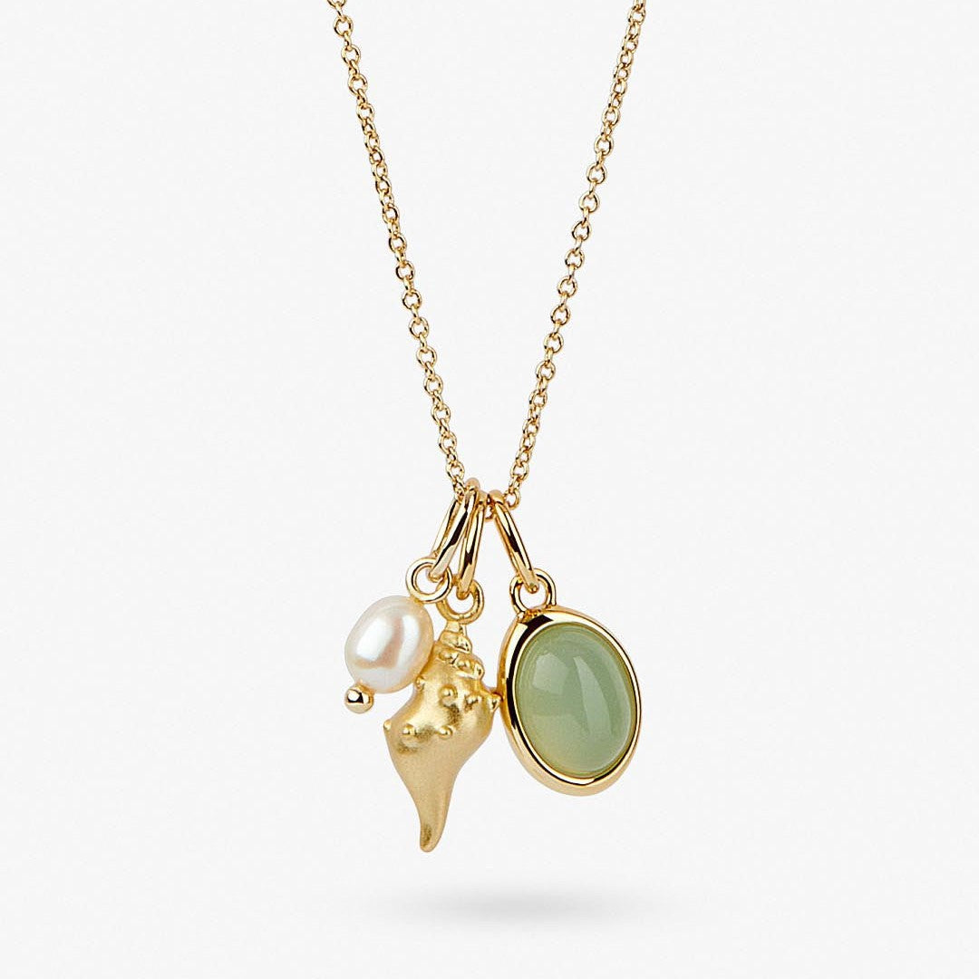 Elegant Charm Necklace with Seashell, Pearl, and Green Gemstone – Timeless Coastal Glamour