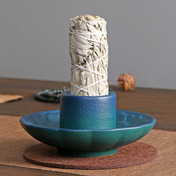 Elegant Black and Teal Textured Incense Holder for Sage and Smudging – Minimalist Spiritual Cleansing Tool