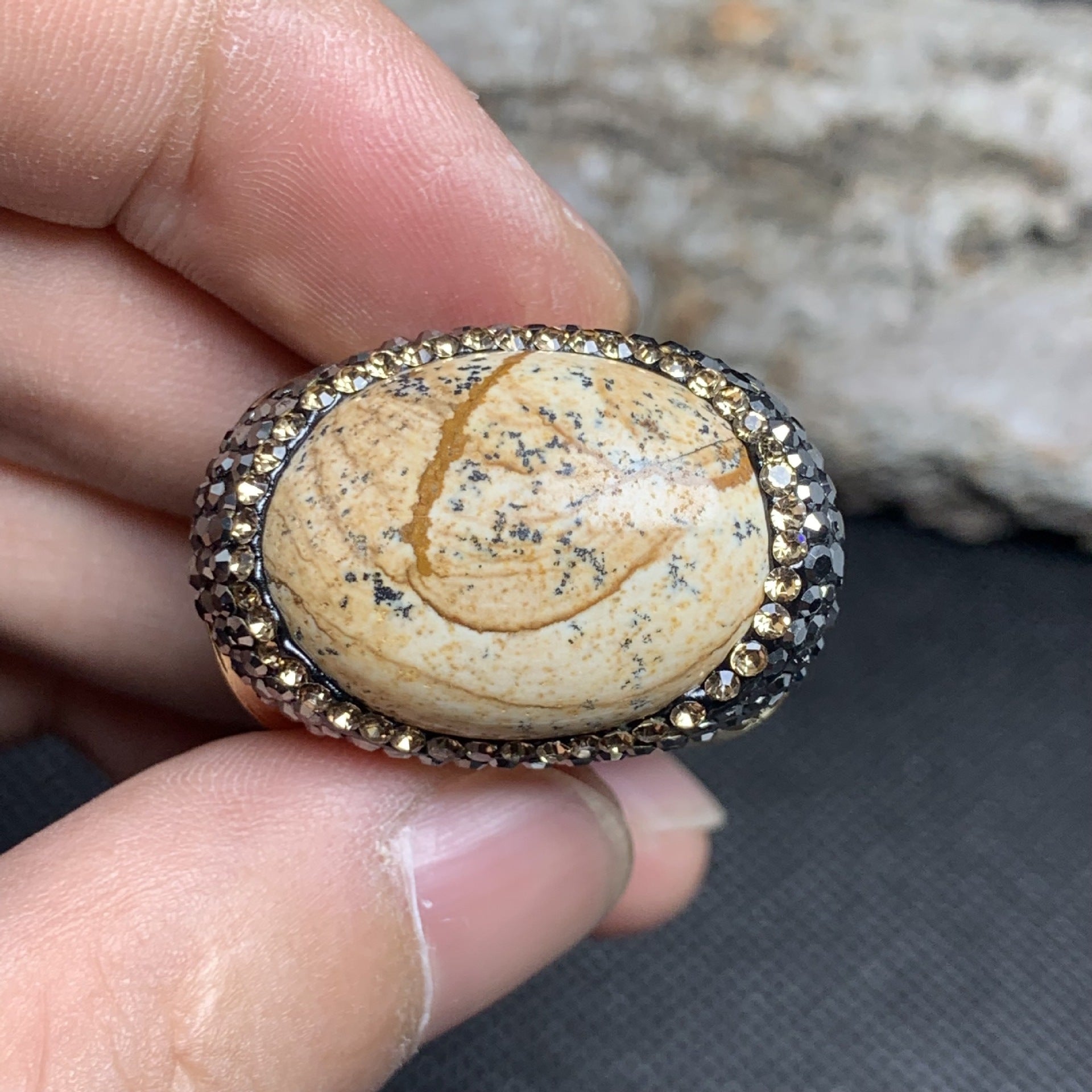 Natural Earth-Toned Jasper Stone Statement Ring with Gold and Black Crystal Accents