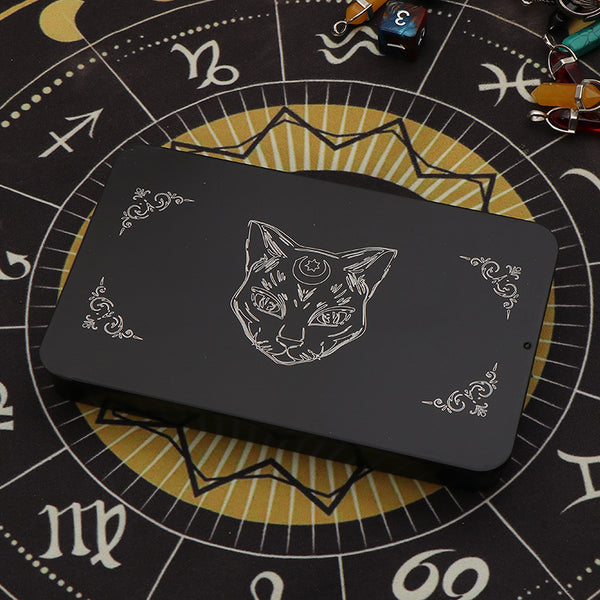 Mystical Zodiac and Sacred Cat Design Black Metal Storage Box – Ideal for Safely Storing Tarot Cards, Crystals, and Essential Spiritual Tools for the Modern Practitioner