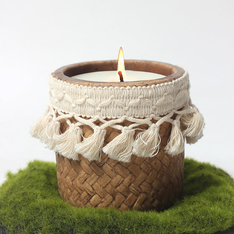 Boho Chic Tassel-Trimmed Natural Soy Candle in Handcrafted Woven Container for Spiritual Healing and Meditation