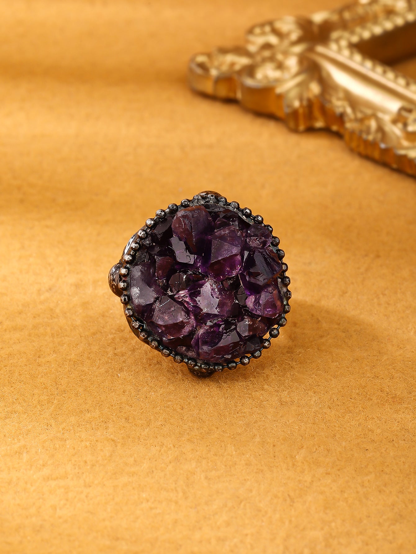 Luxurious Amethyst Cluster Statement Ring with Adjustable Black Metal Band for Spiritual Protection and Emotional Healin