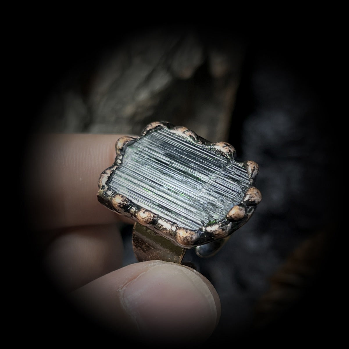 Raw Green Tourmaline Crystal Protection Ring with Adjustable Copper Band for Energy Cleansing and Grounding