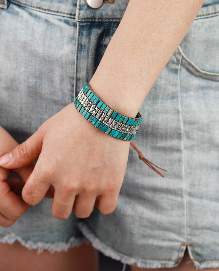 Spiritual Balance Turquoise and Red Jasper Cuff Bracelet with Embossed Silver Accents