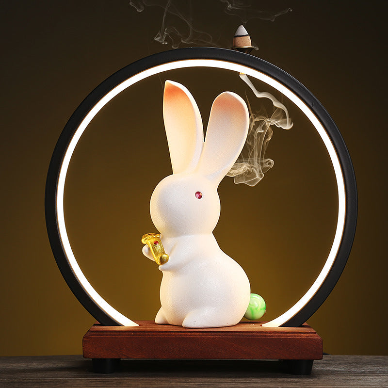 Zen Circle Incense Burner with LED Light and Feng Shui Rabbit Ornament – Spiritual Decor for Meditation and Relaxation