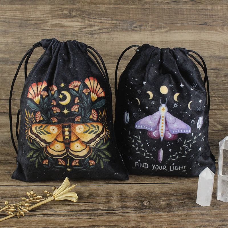 Mystical Moth and Moon Velvet Drawstring Pouches for Tarot Cards, Crystals, and Spiritual Essentials - Celestial and Nature-Inspired Designs