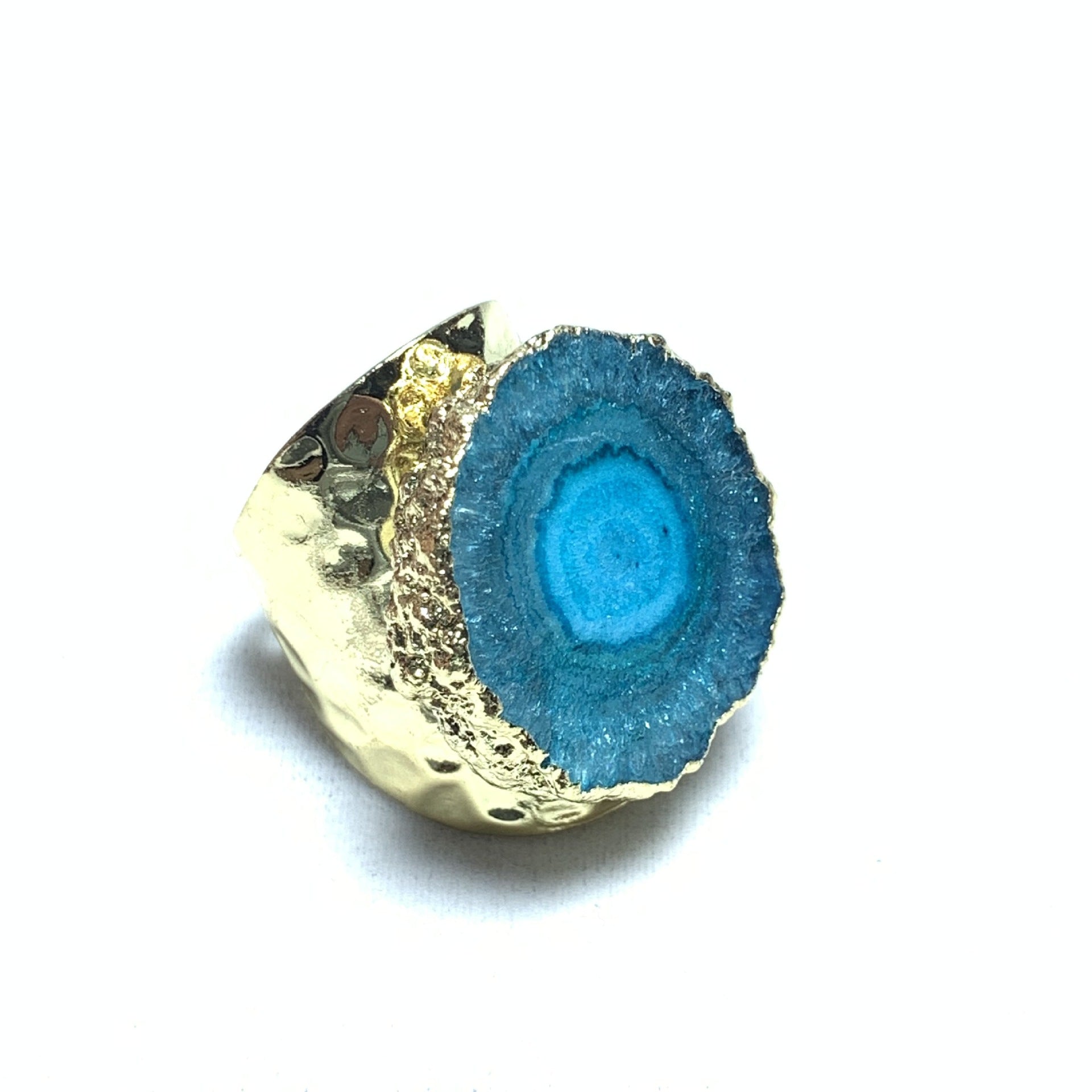 Vibrant Geode Slice Statement Ring - Multicolor Crystal Healing Ring with Gold-Plated Band