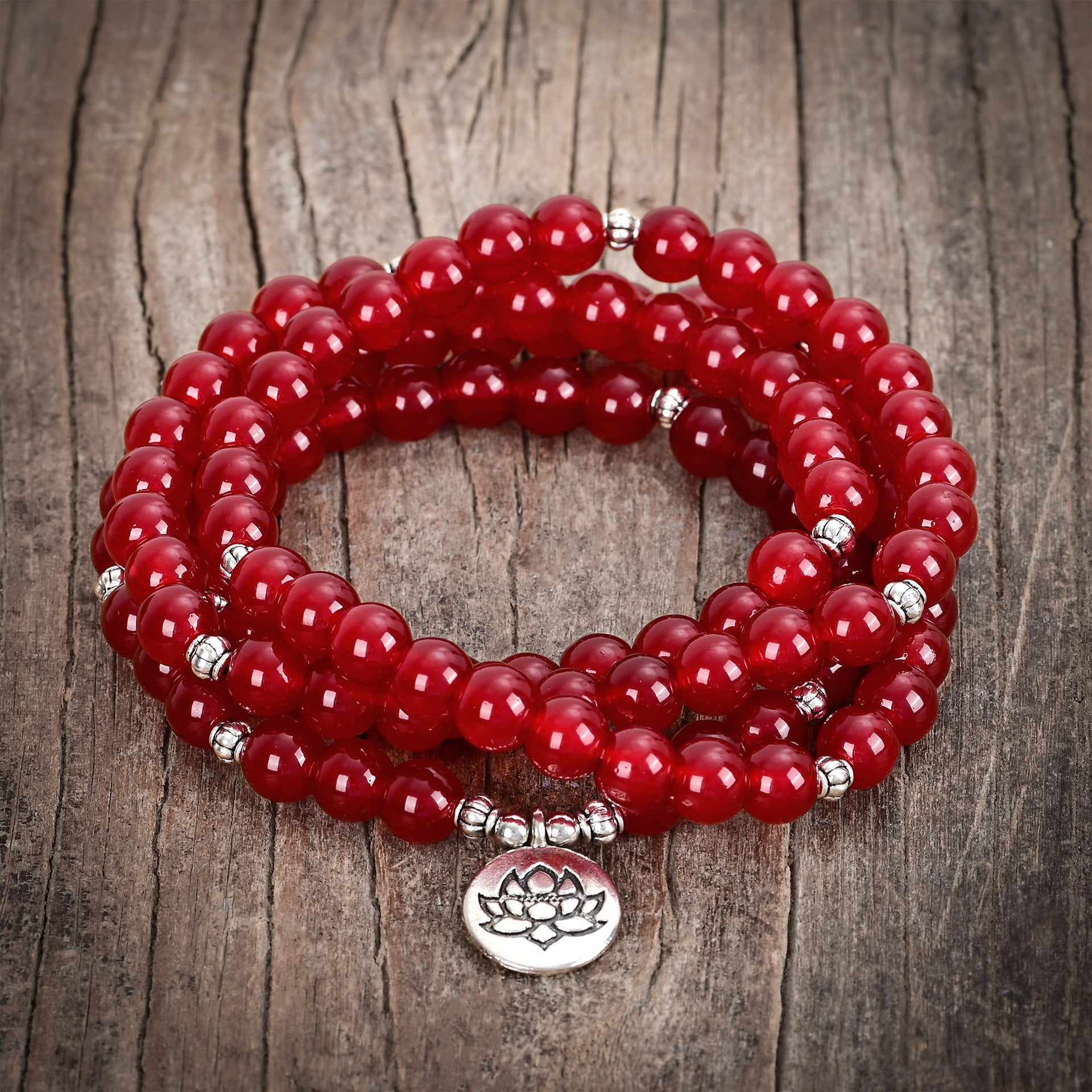 Red Agate Lotus Charm Mala Necklace for Meditation and Spiritual Healing