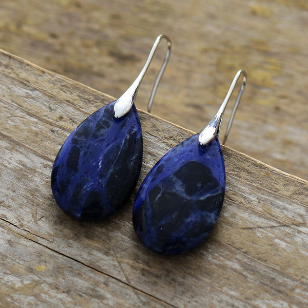 Teardrop Blue Gemstone Earrings with Silver and Gold Accents for Spiritual Calm and Clarity