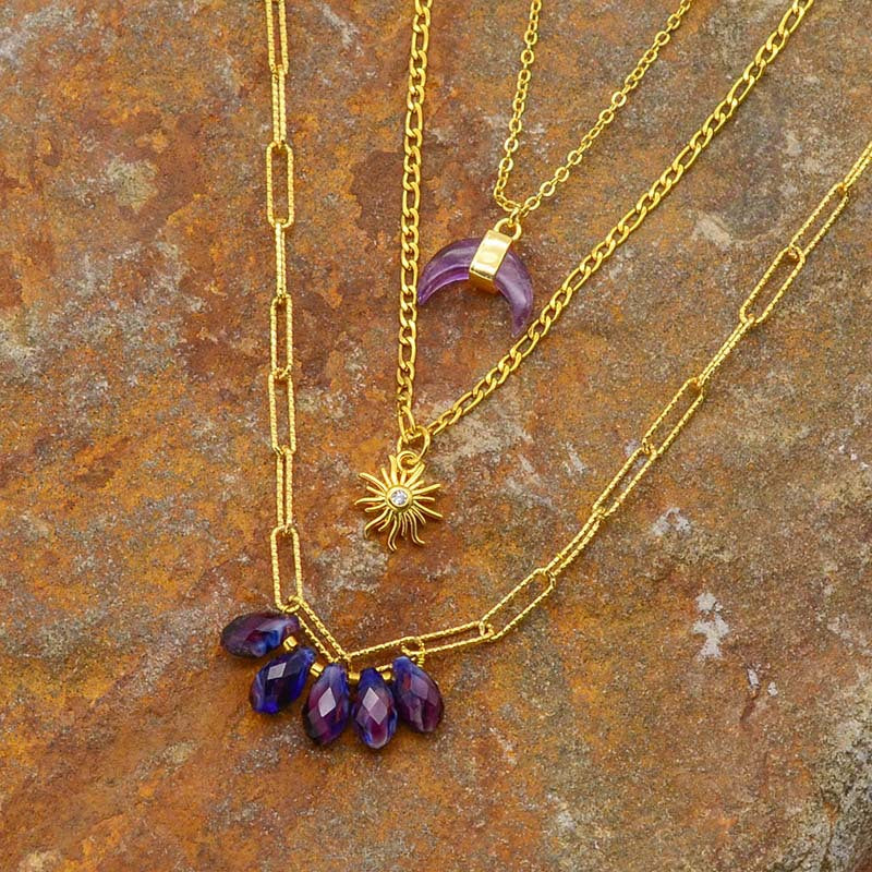 Triple Layer Amethyst, Sun, and Purple Gemstone Healing Necklace Set for Spiritual Protection