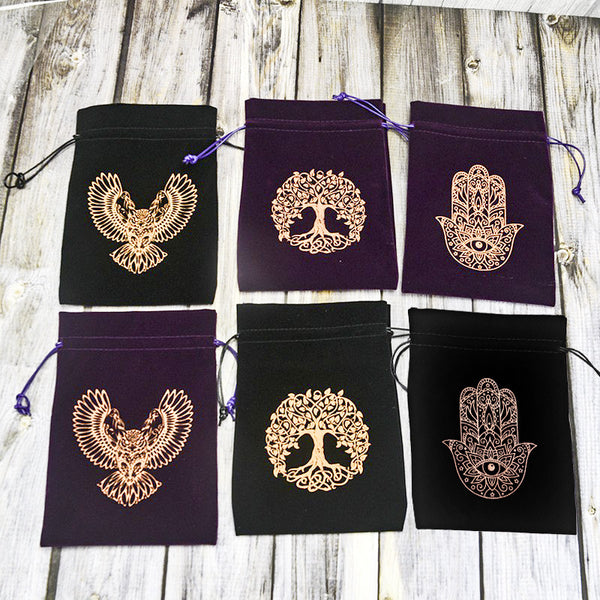 Velvet Tarot and Crystal Pouches with Sacred Symbols – Owl, Tree of Life, and Hamsa Hand for Spiritual Tools and Altar Accessories