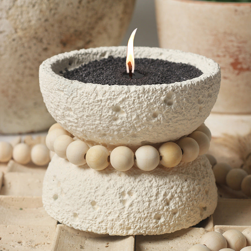 Rustic Textured Candle Bowl with Natural Wood Beads - Handcrafted Spiritual Decor