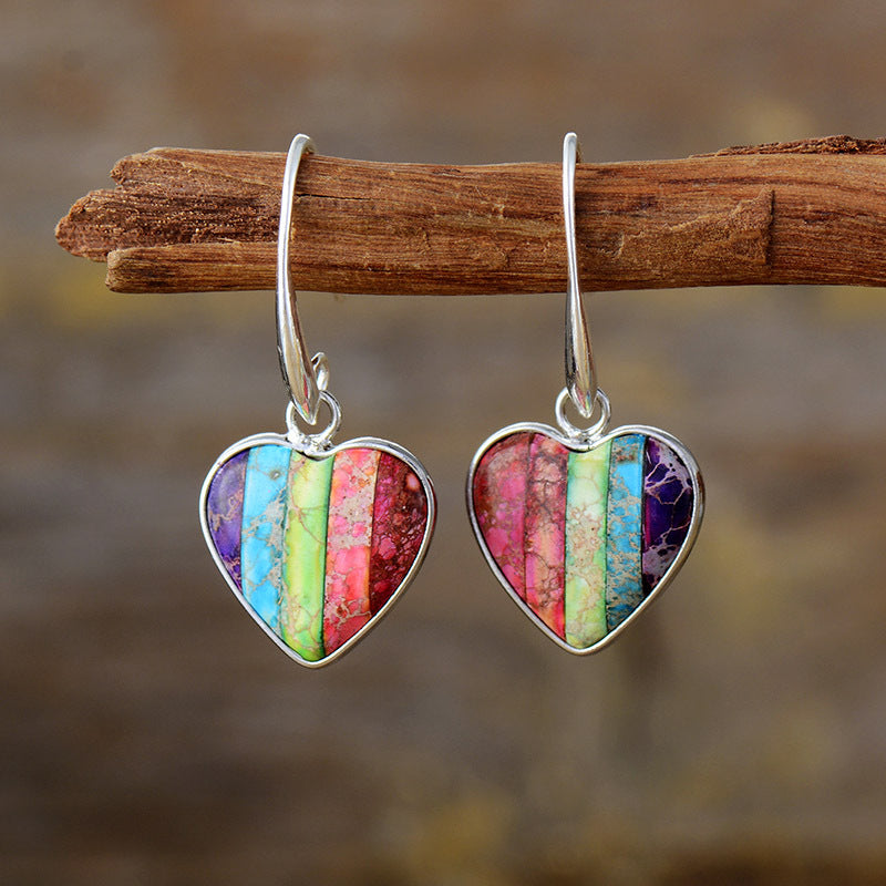 Vibrant Heart-Shaped Gemstone Earrings with Silver and Gold Accents for Emotional Healing and Energy Balance