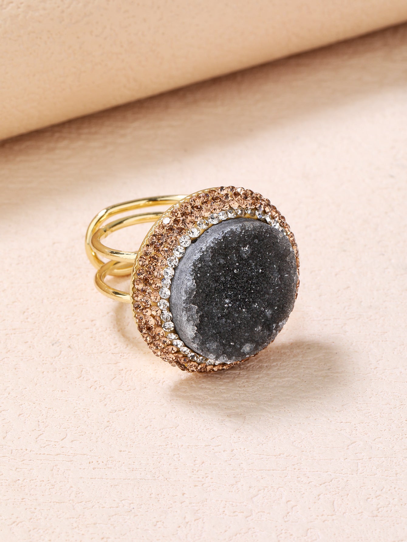 Stunning Black Druzy Crystal Ring with Gold-Plated Adjustable Band for Grounding and Energy Amplification