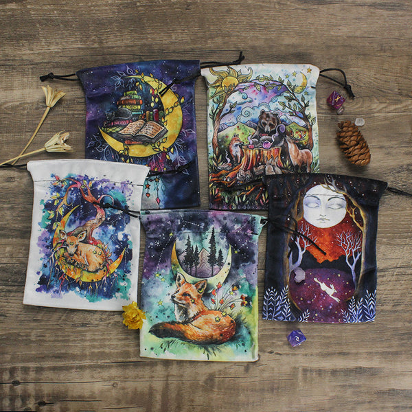 Celestial Night Sky Velvet Tarot Pouch with Vibrant Animal and Nature Art – Spiritual Divination Storage Bag