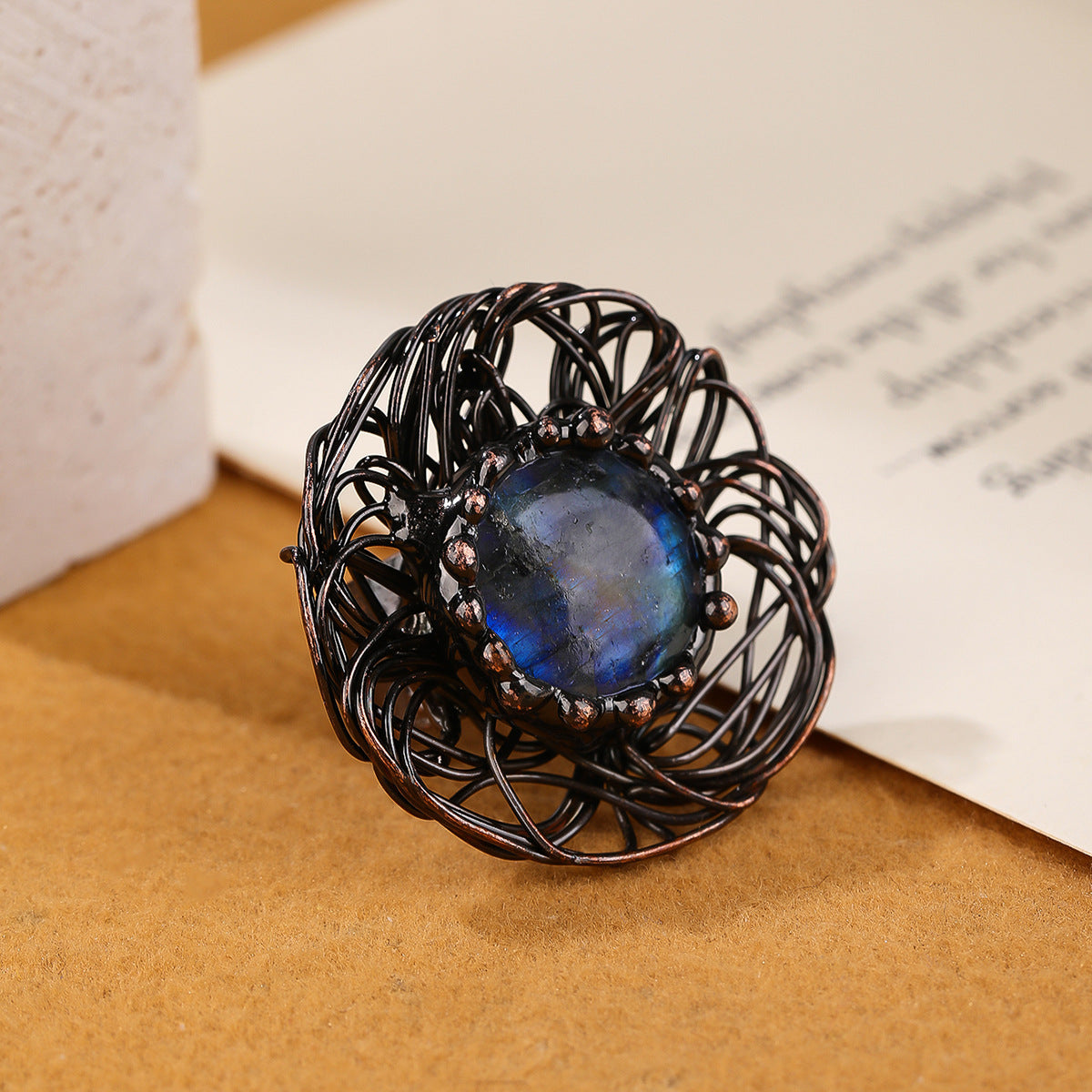 Artisan Labradorite Flower Ring with Intricate Black Wire Design for Mystical Protection and Intuition Boost