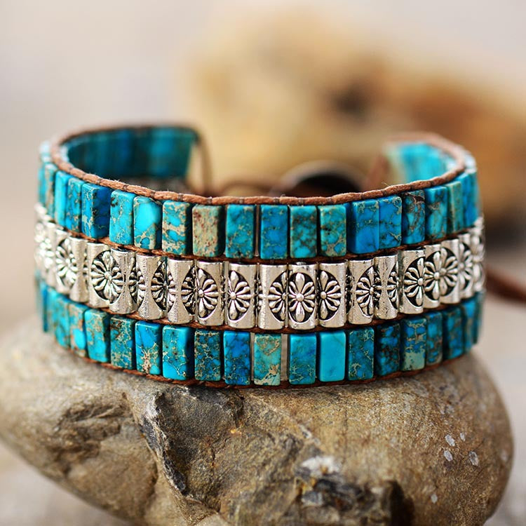 Spiritual Balance Turquoise and Red Jasper Cuff Bracelet with Embossed Silver Accents