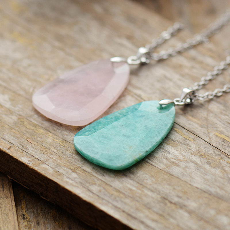 Natural Rose Quartz and Amazonite Pendant Necklace for Healing and Spiritual Energy Balance