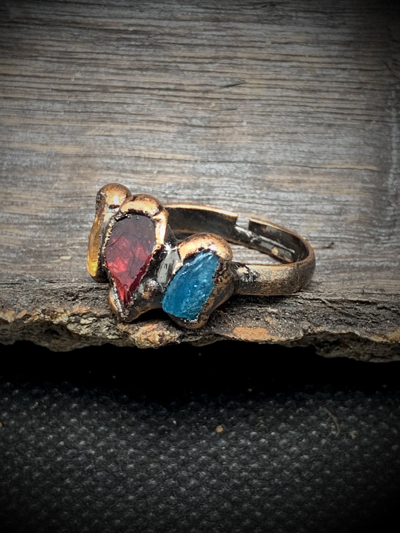 Handcrafted Dual-Stone Garnet and Aquamarine Ring with Rustic Copper Finish for Passion and Clarity