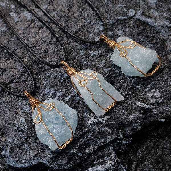 Raw Aquamarine Crystal Necklace with Copper Wire Wrap for Calming Energy and Communication