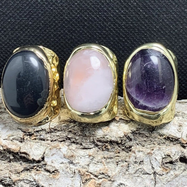 Amethyst, Rose Quartz, and Black Obsidian Gold Statement Ring Set - Spiritual Healing and Protection Jewelry