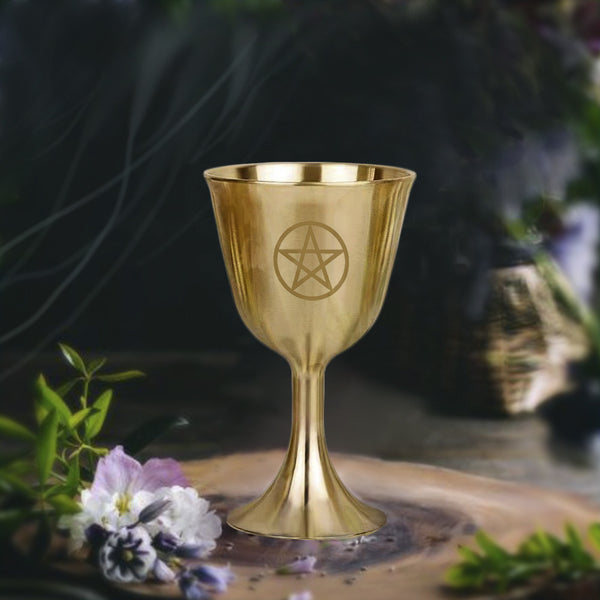 Golden Wiccan Chalice with Triple Moon and Pentacle Symbol for Rituals and Spiritual Ceremonies