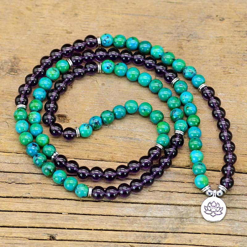 Amethyst and Turquoise Lotus Charm Healing Bead Necklace