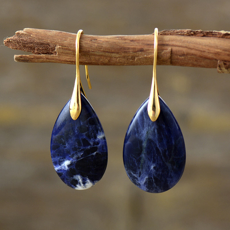 Teardrop Blue Gemstone Earrings with Silver and Gold Accents for Spiritual Calm and Clarity