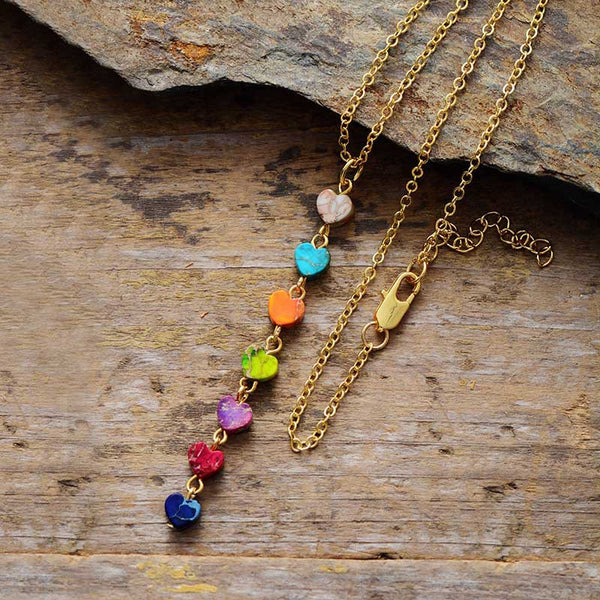 Rainbow Heart Chakra Healing Necklace with Multi-Color Gemstones for Spiritual Balance