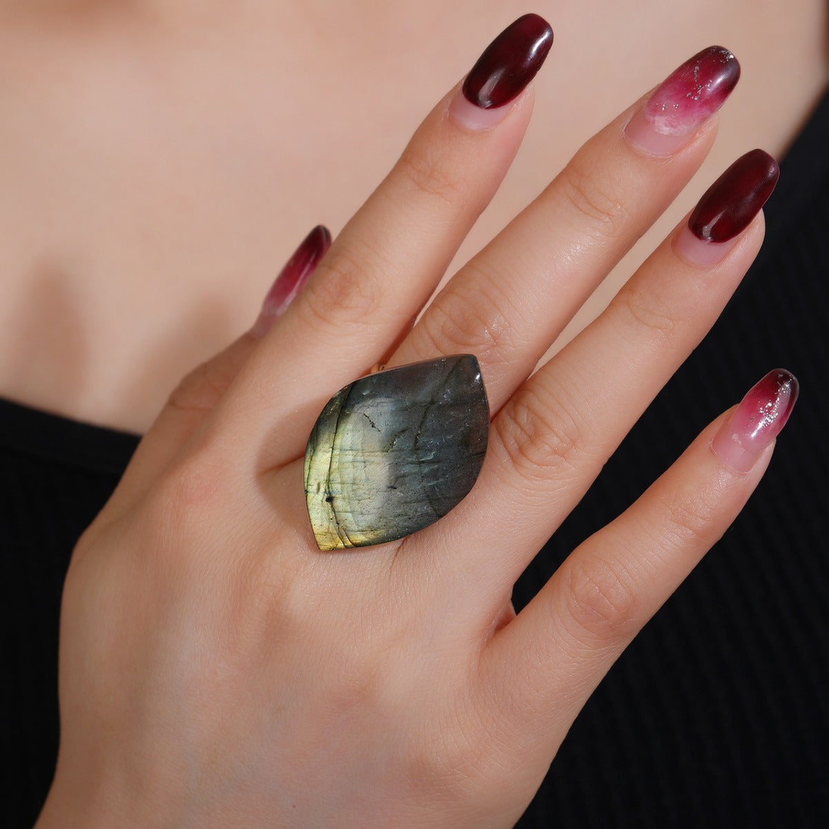 Adjustable Labradorite Crystal Ring with Gold-Plated Band for Intuition Enhancement and Spiritual Protection