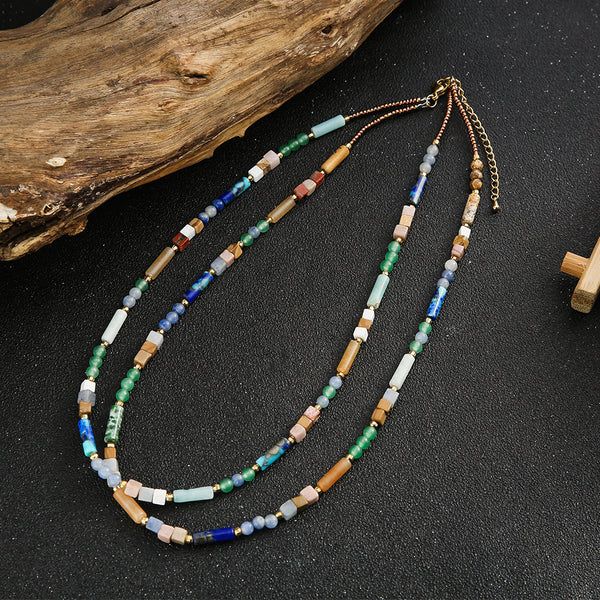 Colorful Multi-Gemstone Necklace with Rectangular Beads for Chakra Alignment and Spiritual Healing"  Long Description